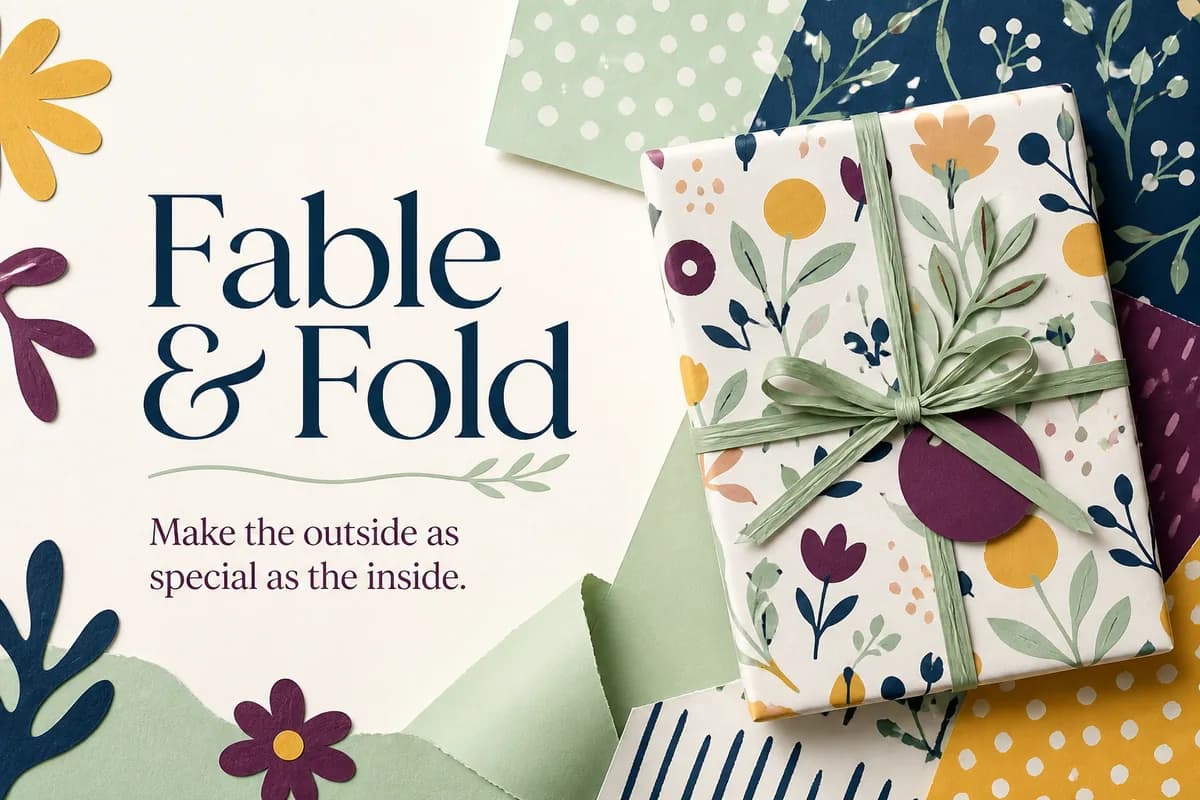 A Fable & Fold gift wrapped in a hand-painted floral paper pattern